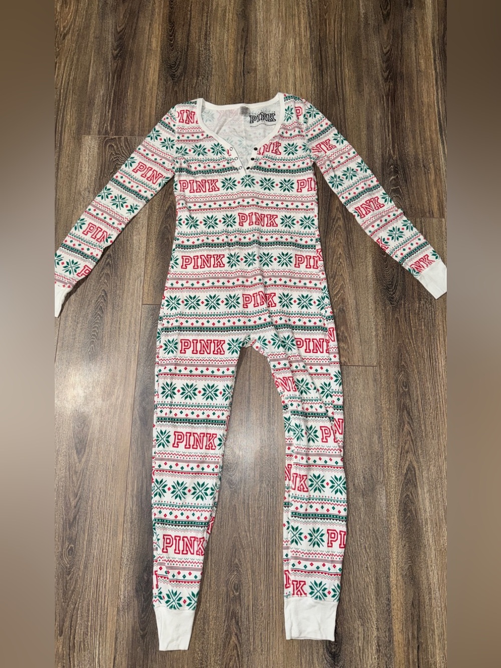 PINK Victoria's Secret White One-Piece Holiday Footie with Red & Green Print